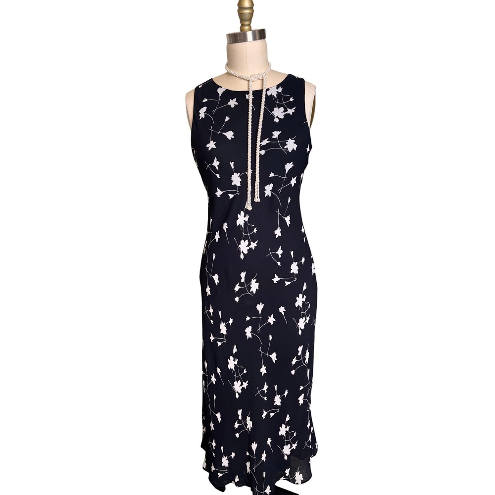 Vintage Donna Ricco Midi Dress Women 8P Black Excellent Floral Sleeveless Rayon